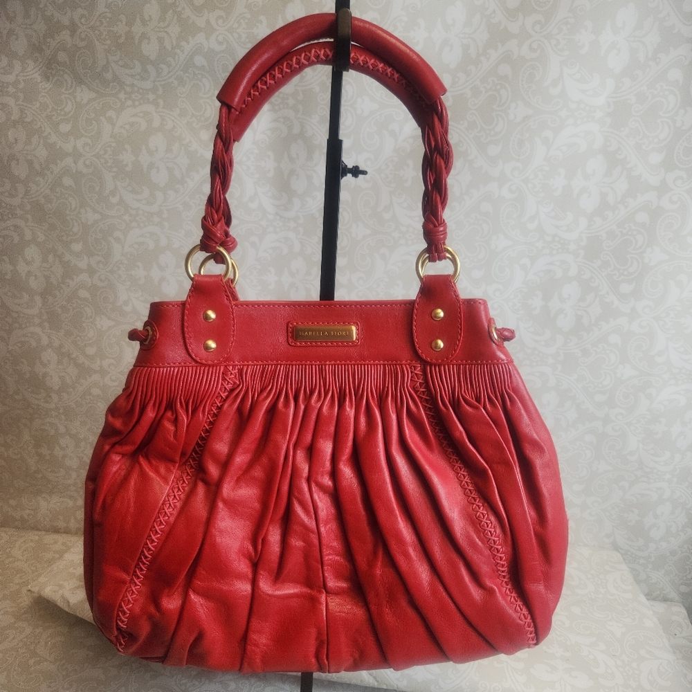 NWOT Isabella Fiore Vibrant Red Leather Satchel with Ruched Design